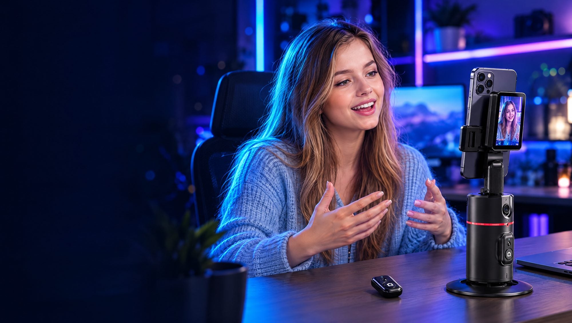 Tânără care filmează un vlog cu Trepiedul MotionMate și Monitorul SelfiePro